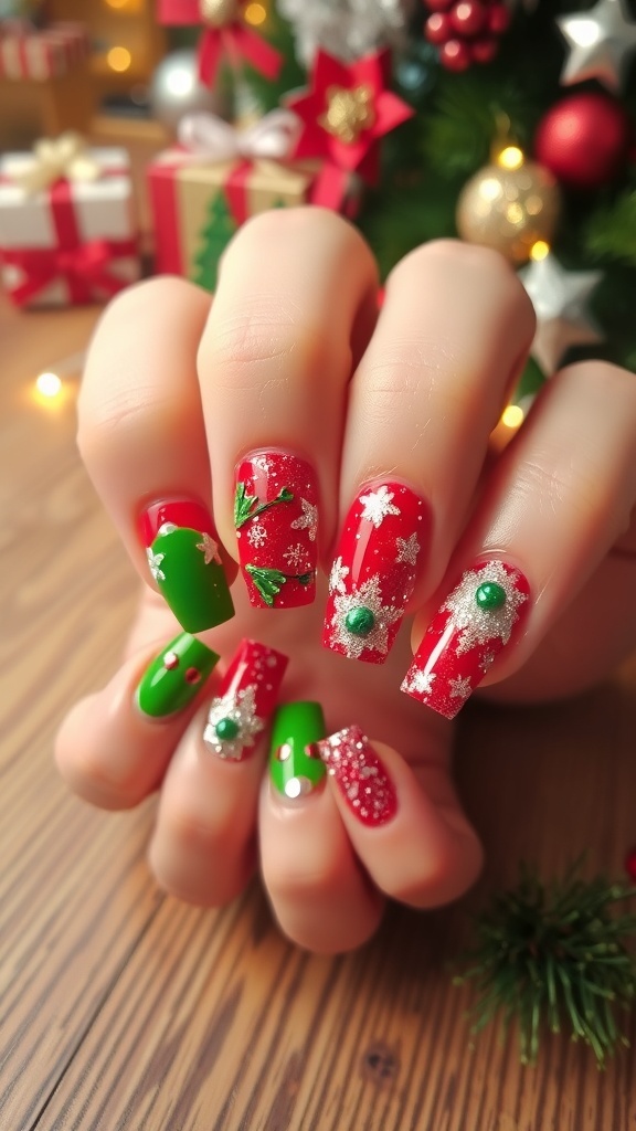 Christmas nail art with red and green designs, snowflakes, and glitter on a wooden table.